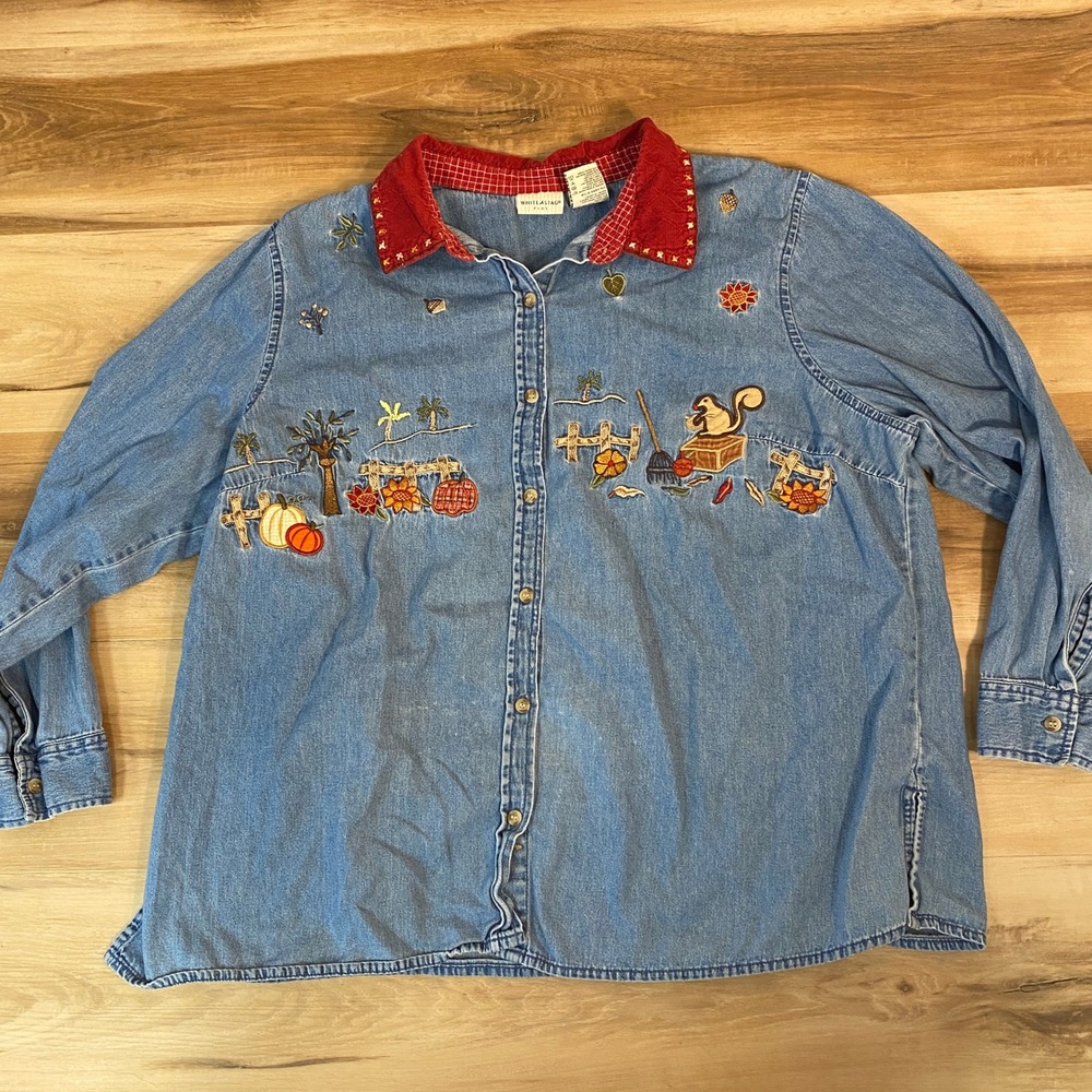 White Stag Denim Shirt Embroidered Fall Scene Red Corduroy Collar 18W/20W Plus